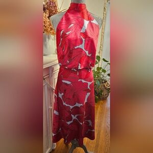 Elegant Red & Light Blue Floral Halter Top & Slip Skirt